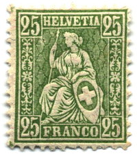 Helvetia on a 25 centime Swiss postage stamp, 1881