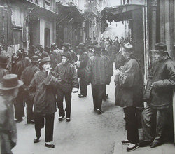 The Street of Gamblers (Ross Alley) , .  The population was predominantly male because U.S. policies at the time made it difficult for Chinese women to enter the country.