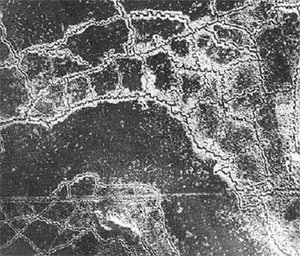Aerial view of opposing trench lines. German trenches at the top, British at the bottom