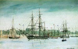 HMS Beagle (centre) from an 1841 watercolour by Owen Stanley