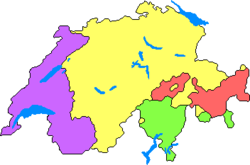 The languages of Switzerland: German (yellow), French (purple), Italian (green), and Romansh (red).