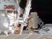 Astronaut Michael Foale on a construction EVA outside the ISS in February 2004