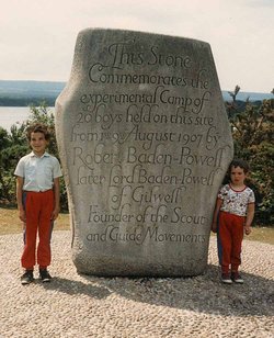The stone on Brownsea Island, Poole Harbour, England, commemorating the first Scout camp.