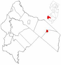 Elmer highlighted in Salem County. Inset map: Salem County highlighted in the State of New Jersey.