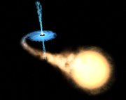 An artist's impression of a black hole with a closely orbiting companion star that exceeds its . In falling matter forms an , with some of the matter being ejected in highly energetic polar jets.