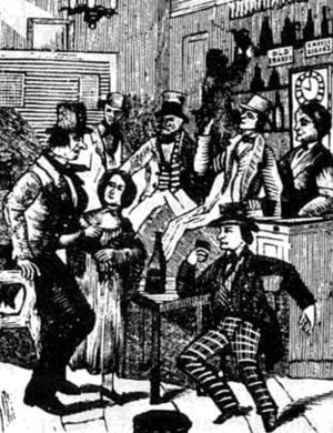 The depraved inhabitants of a tavern, from a nineteenth century temperance play.