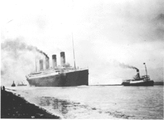 RMS Titanic (left) undergoes sea trials on  .