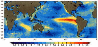 Chart of ocean surface temperature anomaly [C] during the last strong El Nio in December 1997