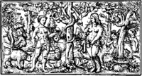 Traditional woodblock print portraying Adam and Eve in the Garden of Eden with many of the "lower creatures."