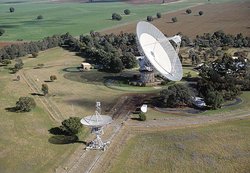 The Parkes 64 metre radio telescope in New South Wales, Australia (the bigger of the two shown)