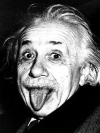The photo (detail from the original) of this humorous expression was taken during Einstein's  on , , 