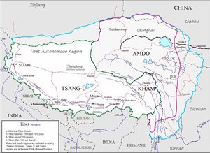 The borders of Historical Tibet (blue), as claimed by the Government of Tibet in Exile. The Tibet Autonomous Region (green) does not include the northern and eastern parts of this region, but does claim to include India-controlled Arunachal Pradesh.