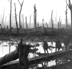 Gunner James Fulton, Lt Anthony Devine and other soldiers (names unknown) from the , on a  track through the devastated Chateau Wood, near , in the Ypres , on October 29, 1917. (Photograph by James Francis Hurley.)