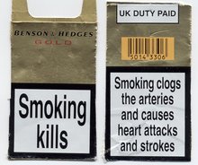 The front and back of a UK cigarette packet (2003)