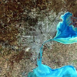 A simulated-color satellite image of Detroit taken on NASA's Landsat 7 satellite.