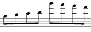 Figure 1. leger lines above the staff, using . The lines on the right would usually be considered too far off the staff and would be written in a different clef or with  notation.